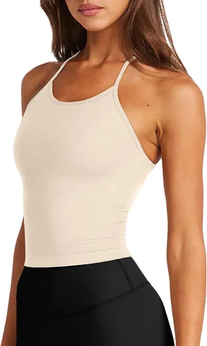 Vista 2 de LASLULU Brasier deportivo para mujer, sin costuras, largo, sin mangas, espalda cruzada, tirantes delgados, para entrenamiento, yoga, con relleno