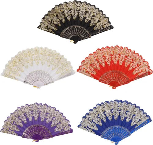 Vista 10 de INNOLIFE Abanico de mano plegable español con patrón retro para mujeres, abanico plegable chino de mano para fiestas, baile, bodas y decoración