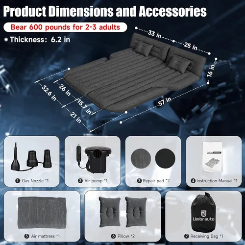 Vista 3 de Cama inflable de colchón de aire para SUV, cama de campamento de viaje de doble cara con bomba de aire y 2 almohadas para SUV universal
