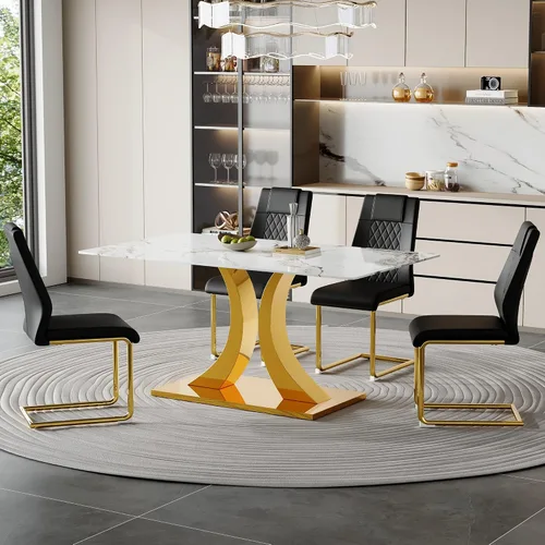 Vista 11 de Juego de mesa de comedor de mármol para 4, moderna mesa de oro blanco de 63 pulgadas con patas de marco de forma intercambiable y sillas de comedor
