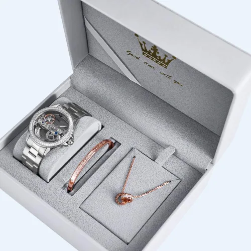 Vista 4 de OLEVS Reloj de mujer con diseño de esqueleto, mecánico automático, plateado, de lujo, impermeable, luminoso, para regalo del día de San Valentín