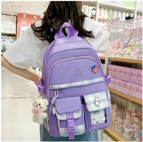 Vista 4 de Juego de 5 mochilas Kawaii con colgantes y alfileres Kawaii, accesorios estéticos, bolsas de libros con colgante, Púrpura, Moderno