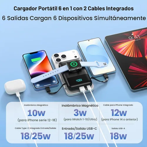 Vista 3 de Cargador portátil magnético para el iPhone, 10800mAh Power Bank Cables Negro