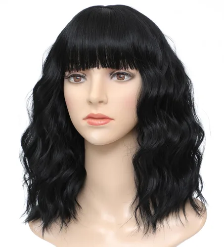 Vista 5 de Peluca negra con flequillo para mujeres negras, cabello rizado y ondulado de 14 pulgadas Negro