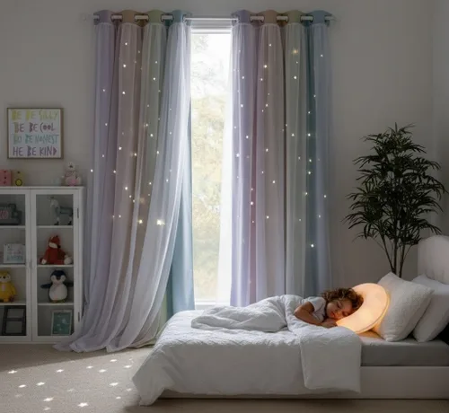 Vista 13 de NICETOWN Cortinas para dormitorio de niñas, cortinas de arco iris, cortinas de estrellas, cortinas de princesa, decoración de habitación