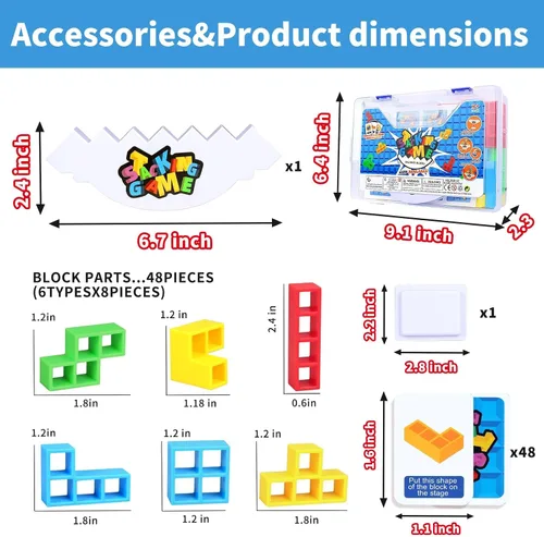 Vista 2 de BBnote Juego de apilar de 48 piezas para adultos y niños, juegos de torre de tablero tetra para viajes familiares y fiestas, juguete de equilibrio