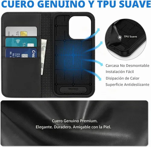 Vista 8 de SHIELDON Funda tipo cartera de piel auténtica para iPhone 15 Pro de 6.1