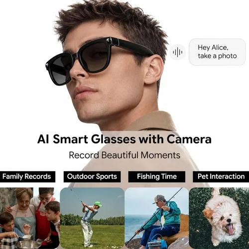 Vista 16 de Gafas inteligentes AI con cámara, video HD de 8 MP y captura de fotos para Gafas de sol para grabación de video, audio de oído abierto, traducción