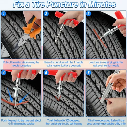 Vista 3 de Kit de tapones para neumáticos, kit de reparación de neumáticos sin cámara de 130 piezas con herramientas de mango en T de metal resistente, tiras