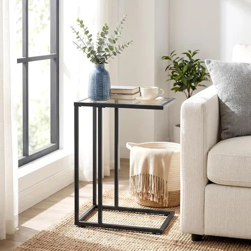 Vista 4 de HOOBRO - Mesa auxiliar en forma de C, mesa auxiliar de cristal con marco de metal Mesa de centro para espacios pequeños, estilo moderno, para sala