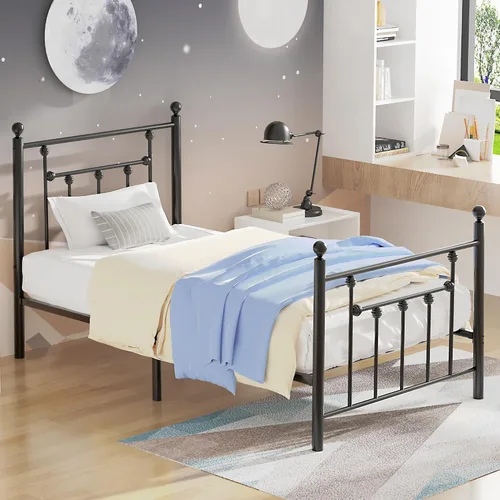 Vista 3 de VECELO Base de cama de plataforma de metal tamaño individual con cabecero y estribo, soporte de listones de acero resistente, base de colchón
