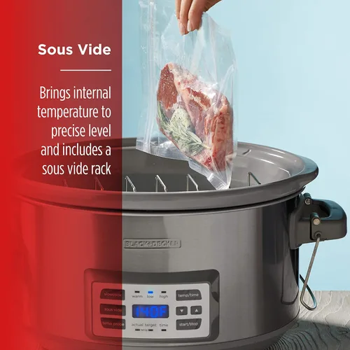 Vista 5 de Black + Decker Olla de cocción lenta digital de 6.6 L, SCD7007SSD, sonda de temperatura, Sous-Vide, tapa con bloqueo, olla de cerámica extraíble