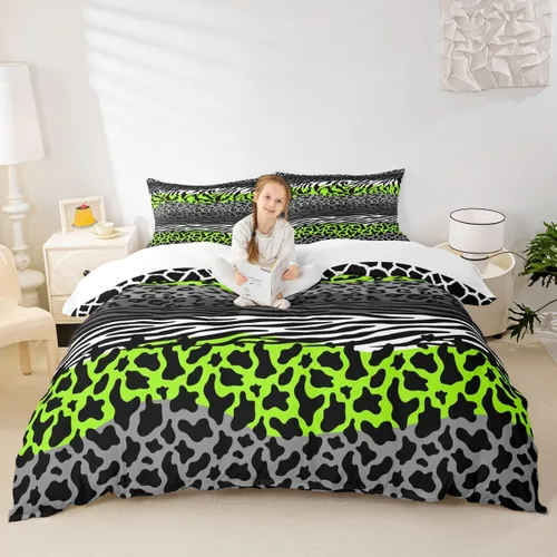 Vista 23 de Juego de funda de edredón con estampado de leopardo, tamaño individual, juego de ropa de cama rústica con rayas de piel de cebra, decoración