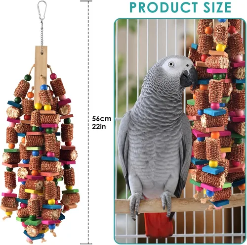 Vista 2 de DBNESS Juguetes para pájaros para loros, 22 pulgadas, juguetes masticables de loro grande de madera natural y mazorca de maíz, juguete