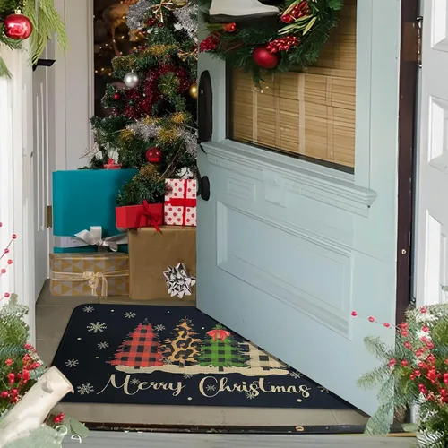 Vista 7 de Felpudo Decorativo de Navidad Feliz Navidad 30"x17" Negro, Alfombra de Puerta Temporada de Búfalo a Cuadros Árbol de Navidad Antideslizante Lavable