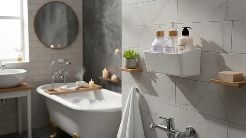 Vista 3 de Estante de baño, estante adhesivo para ducha, organizador de baño, sin taladro, cesta de ducha de plástico, estante de almacenamiento blanco