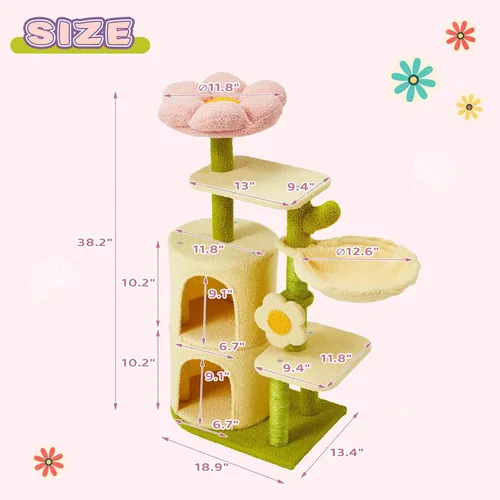 Vista 2 de Erinnyees Árbol de flores para gatos, torre para gatos de 38.2 pulgadas, torre de árbol de gatito de varios niveles para interiores, casa de gatitos