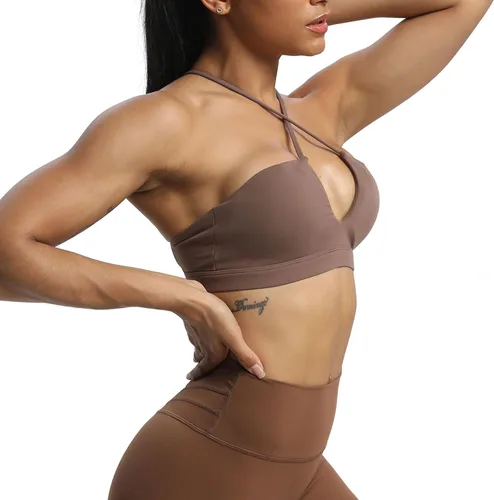 Vista 2 de Aoxjox Brasier deportivo de entrenamiento para mujer, Jamie Deep V Fitness sin espalda acolchado para entrenamiento, gimnasio, yoga