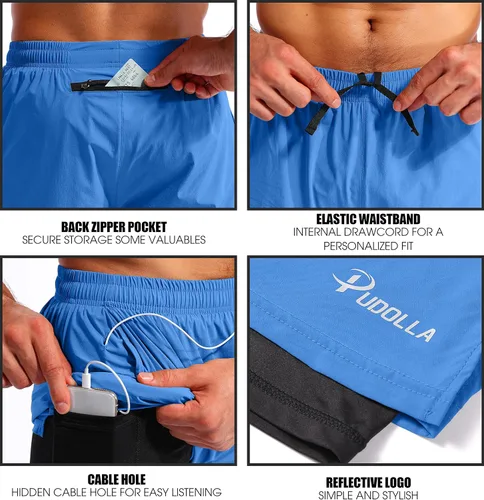 Vista 5 de Pudolla Mens 2 in 1 Running Shorts 7" Quick Dry Gym Athletic Workout Shorts for Men with Phone Pockets