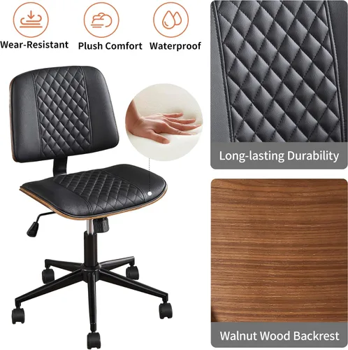 Vista 4 de Silla de escritorio de oficina con ruedas sin brazos, silla de computadora Negro