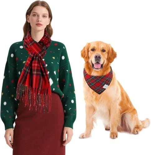 Vista 16 de E-Clover Bandanas navideñas para perros, bufanda a juego para el propietario, bufanda a cuadros para perro, baberos con bufandas de tartán, chal