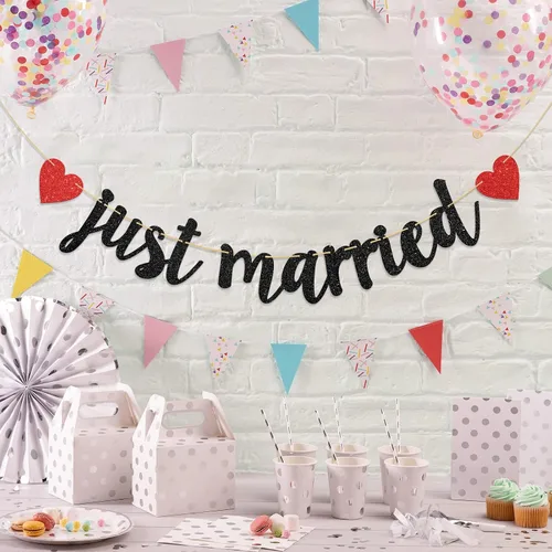Vista 5 de Cartel de Just Married – Cartel de boda – Decoración de despedida de soltera de boda (negro y rojo)