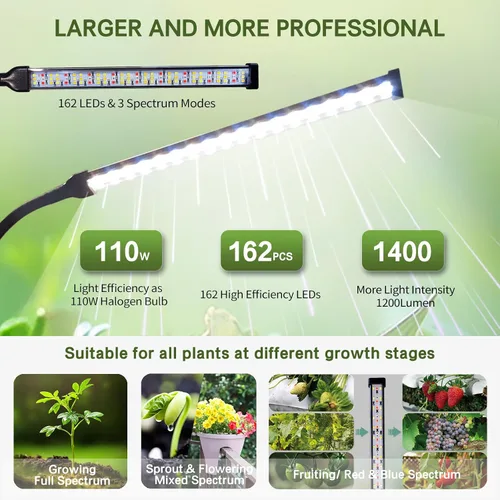 Vista 3 de Luces de cultivo profesionales para plantas de interior, espectro completo 2026 Upgrade,162 LEDs, Height Adjustable 13-38", 3 Spectrum Modes,10