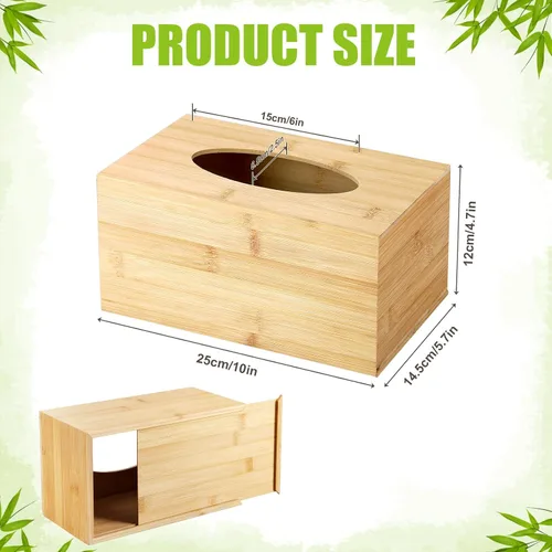Vista 2 de Funda rectangular para caja de pañuelos de bambú, caja de pañuelos rectangular con parte inferior deslizante, cubo decorativo para pañuelos faciales