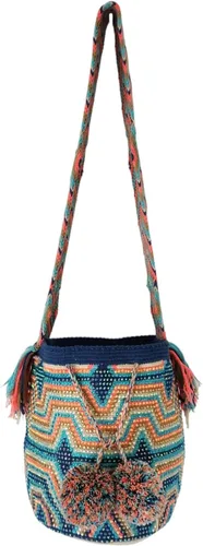 Vista 2 de Mochila Wayuu colombiana 100% auténtica, hecha a mano, producto artesanal, bolsa de viaje cruzada, diseño único, estilos multicolor..