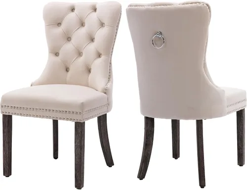 Vista 16 de Juego de 2 sillas de comedor de terciopelo beige, elegantes capitoné