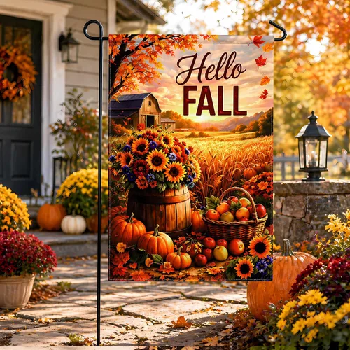 Vista 6 de Decoración de otoño – Bandera de jardín de «Hello Fall» Decoración de otoño de doble cara para exteriores, interiores, exteriores y exteriores