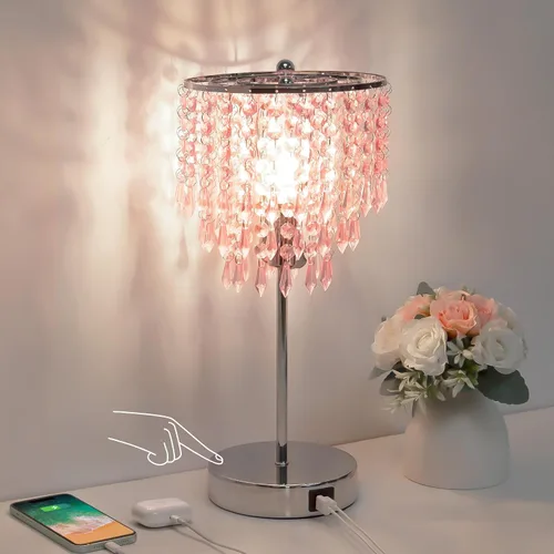 Vista 9 de Lámpara de mesa de cristal con control táctil, lámparas de mesita de noche con doble USB para dormitorio, lámpara de mesita de noche regulable de 3
