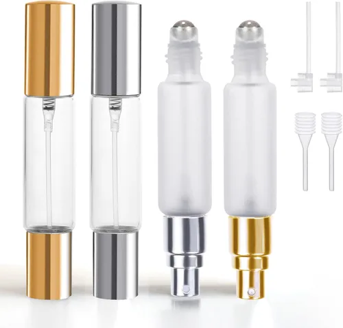 Vista 8 de YOCASII 4 botellas de perfume de viaje de doble cabeza con spray y bolas enrollables para aceites esenciales, botellas recargables de viaje de 0.3