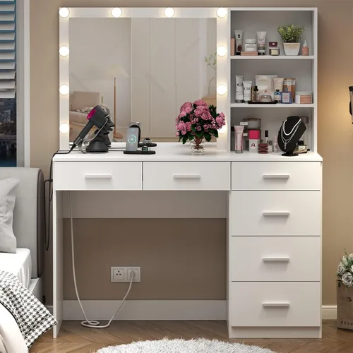 Vista 6 de Loomie Escritorio de tocador con espejo iluminado y toma de corriente, mesa de tocador de maquillaje con 6 cajones, estante de 3 niveles, cómoda