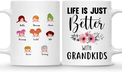 Vista 8 de Gossby Taza personalizada Life is Better With GrandKIDS (1 niño), taza personalizada de regalo para abuelos con avatares de nietos, nombres, 11
