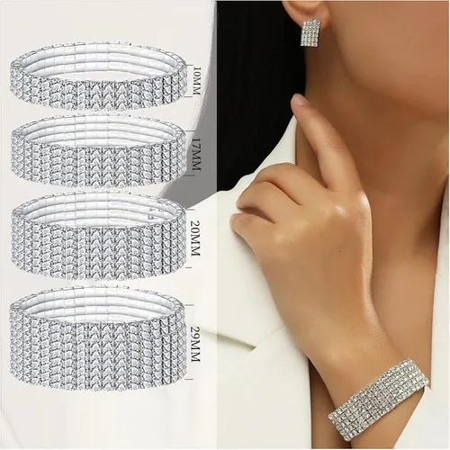 Vista 4 de Juego de 4 pulseras elásticas de diamantes de imitación para mujer, joyería de competición de bikini, plata brillante, para boda, cadena de tenis