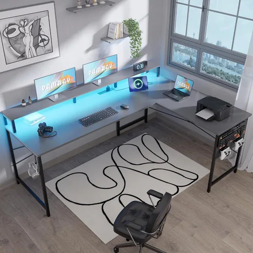 Vista 2 de Pamray Escritorio para juegos en forma de L de 64 pulgadas con tomas de corriente y luces LED, escritorio de esquina grande para computadora