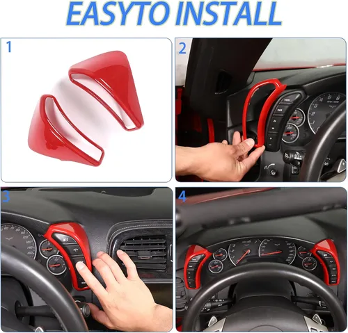 Vista 5 de Cubierta de botón de salpicadero Compatible con Chevy Corvette C6 2005-2013, marco de borde del velocímetro Cubierta de ribete de accesorios Rojo