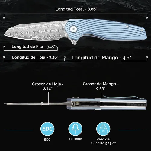Vista 6 de Zingbee Cuchillo de bolsillo de Damasco de 3.46 pulgadas con clip, mango antideslizante azul DMXQ 1-azul