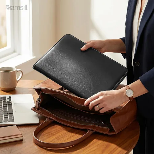 Vista 9 de Samsill Portafolio de piel sintética con puntada de contraste, portafolio de negocios para hombres y mujeres, organizador de documentos y currículo