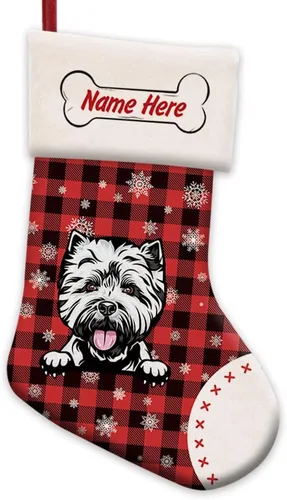 Vista 19 de Foto personalizada, Feliz Navidad, búfalo rojo, a cuadros, feliz perro, calcetín de Navidad, copo de nieve, decoración de vacaciones, calcetín