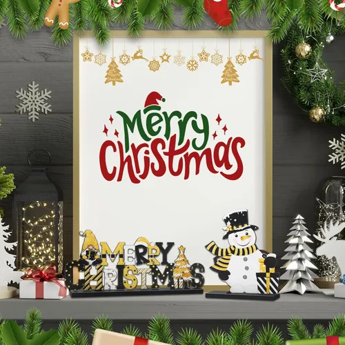 Vista 6 de Capoda 6 piezas de decoración de mesa de Navidad, centros de mesa de Navidad de madera, muñeco de nieve, Papá Noel, gnomo, letreros de Feliz