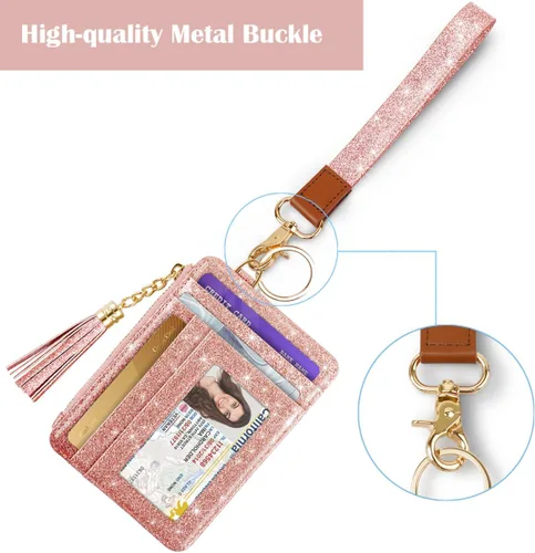 Vista 4 de Cartera delgada RFID para tarjetas de crédito pequeña y bonita cartera para mujeres con bolsillo con cremallera y llavero, Escarcha Oro rosa, Piel