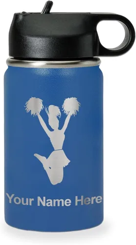 Vista 64 de LaserGram Botella de agua con tapa abatible de doble pared de 12 onzas con pajita, animadora, grabado personalizado incluido (negro)