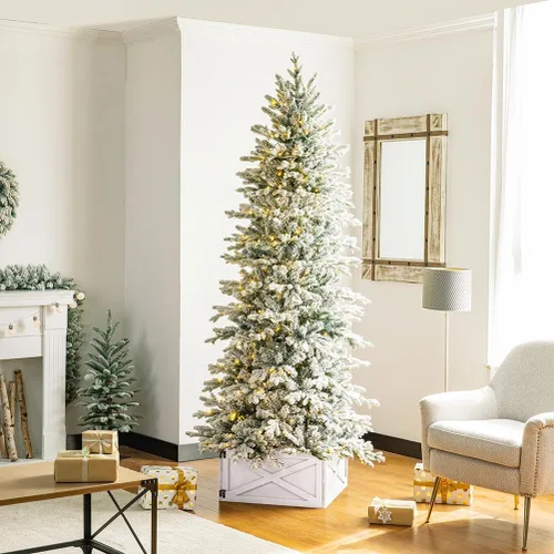 Vista 10 de Glitzhome Collar de árbol de madera, cubierta de base de árbol de Navidad, collares de árbol de Navidad para árboles artificiales, escena