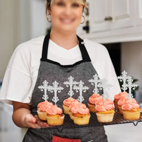 Vista 7 de 24 adornos cruzados para cupcakes con diseño de Dios bendiga y bautismo, para cupcakes de cruz, decoración de primera comunión para tartas