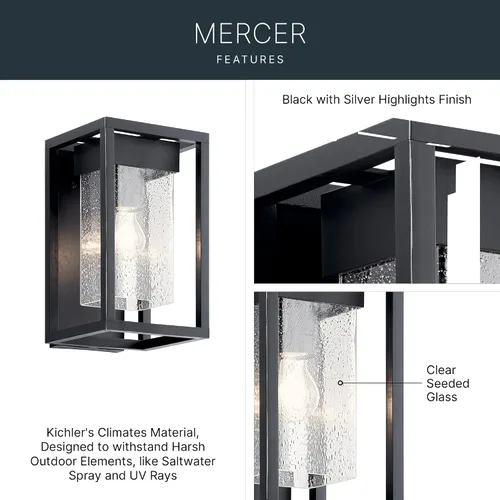 Vista 3 de Kichler Mercer 59060BSL - Lámpara de pared para exteriores de 12 pulgadas en color negro, aplique de pared exterior de 1 luz con vidrio transparente