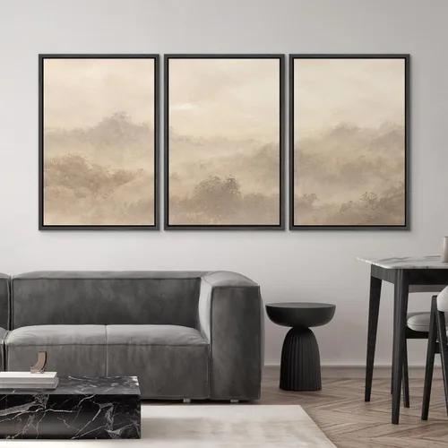 Vista 462 de SIGNWIN Lienzo enmarcado para pared, juego de arte pastel con cadena montañosa, bosque, niebla, naturaleza silvestre, ilustraciones modernas, arte