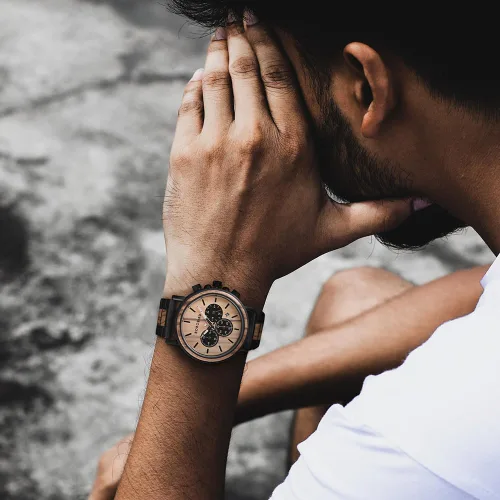 Vista 4 de BOBO BIRD Relojes de madera para hombre, con cronógrafo combinado de madera y acero inoxidable, cuarzo militar, relojes de pulsera casuales