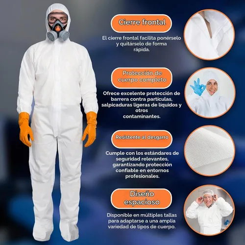 Vista 5 de EZGOODZ Overol desechable con capucha y botas, 2.16 oz/m², color blanco, pequeño, paquete de 5, cremallera frontal, muñecas elásticas y espalda